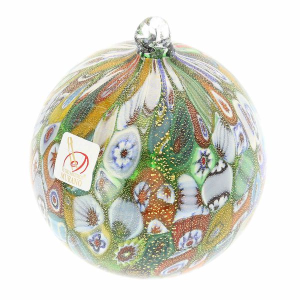 Murano Glass Christmas Ornament - Green and Gold Millefiori
