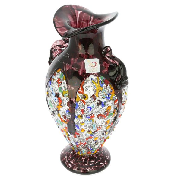 Murano Glass Millefiori Amphora Vase - Silver Purple