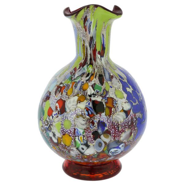 Murano Millefiori Art Glass Vase - Silver Red