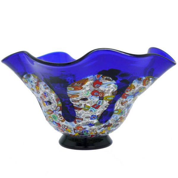 Murano Millefiori Art Glass Round Wavy Bowl - Blue
