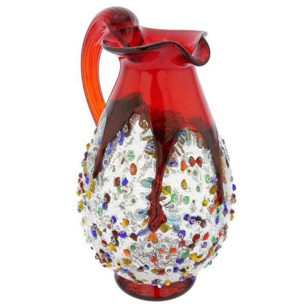Murano Millefiori Art Glass Pitcher / Carafe - Red
