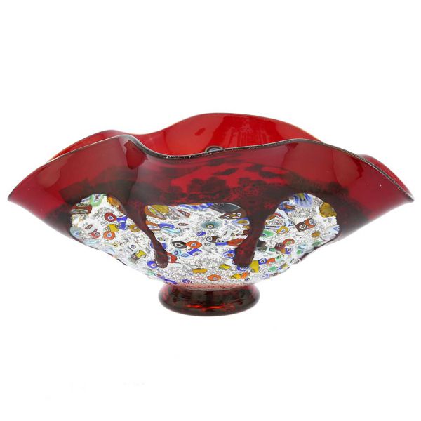 Murano Millefiori Art Glass Wavy Bowl - Red