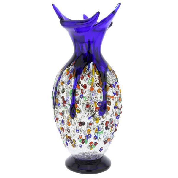 Murano Millefiori Art Glass Spiky Amphora Vase - Blue
