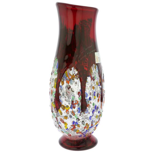Murano Millefiori Art Glass Bottle Vase - Red