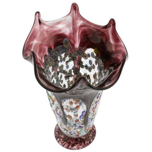 Murano Millefiori Art Glass Fazzoletto Vase - Silver Purple