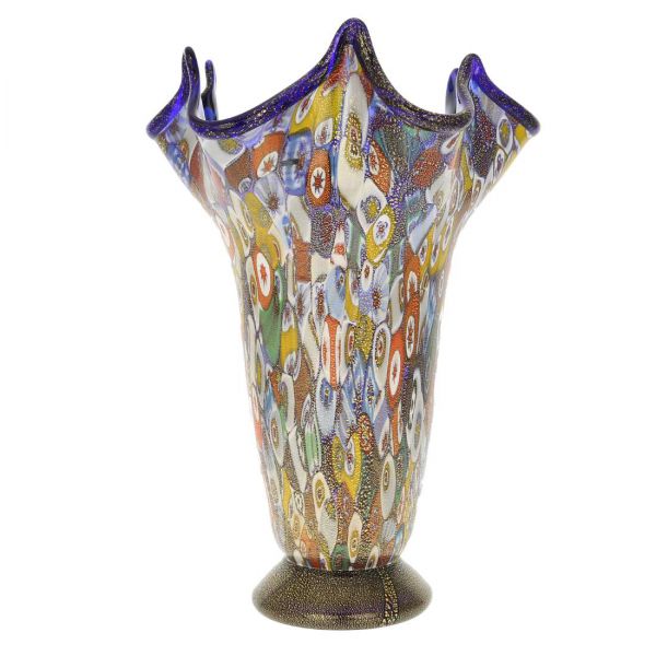 Murano Millefiori Gold Art Glass Fazzoletto Vase - Cobalt Blue