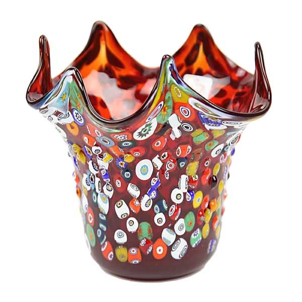 Murano Glass Millefiori Mosaic Fazzoletto Vase - Red