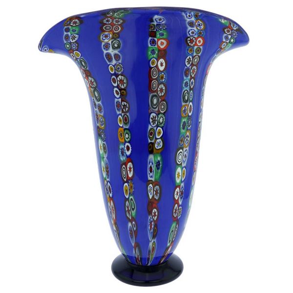 Ventaglio Blue Stripes Murano Glass Millefiori Vase - Large