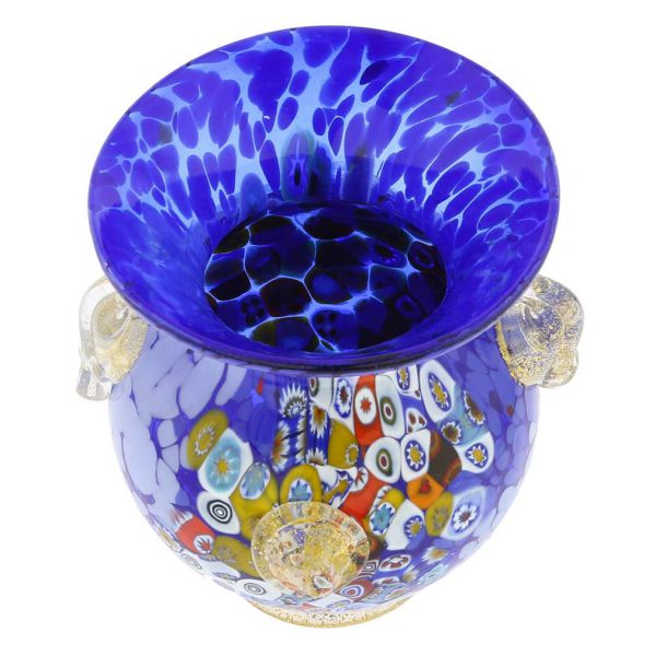 Murano Glass Millefiori Urn Vase With Lion Heads - Blue