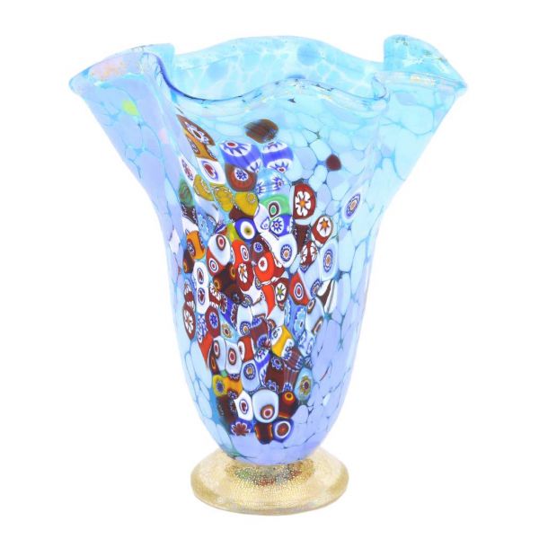 Murano Millefiori Art Glass Fazzoletto Vase - Aqua