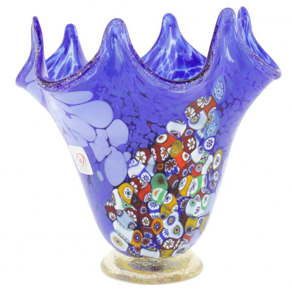 Murano Millefiori Art Glass Fazzoletto Vase - Blue