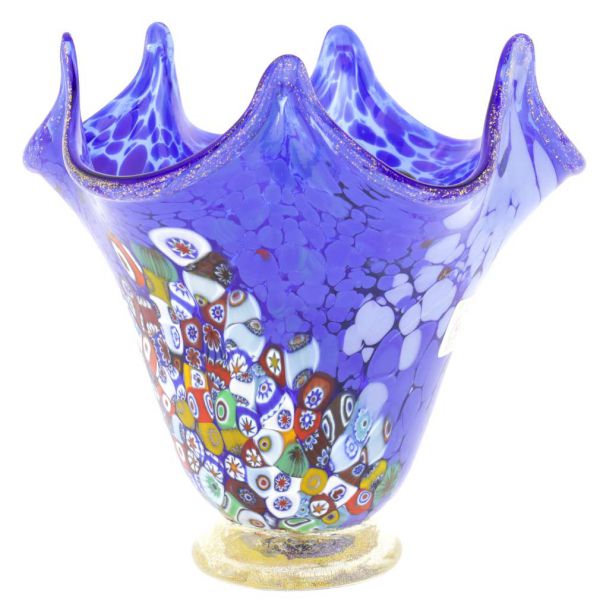 Murano Millefiori Art Glass Fazzoletto Vase - Blue
