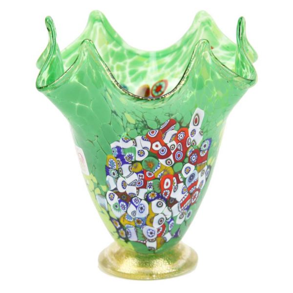 Murano Millefiori Art Glass Fazzoletto Vase - Lime Green