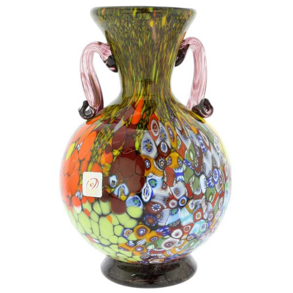 Murano Millefiori Art Glass Vase With Handles - Purple