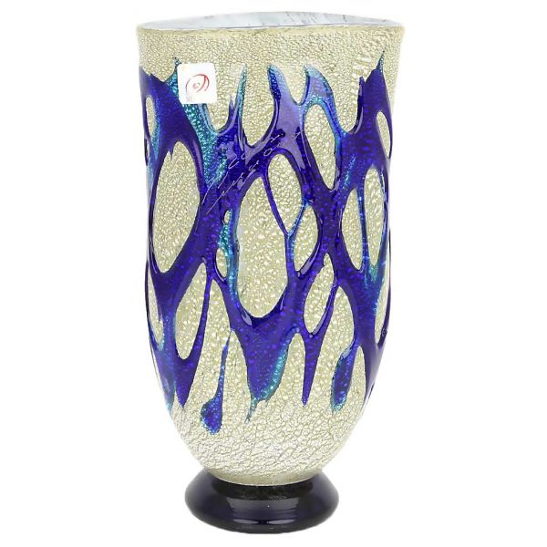Murano Art Glass Silver Vase - Blue Web