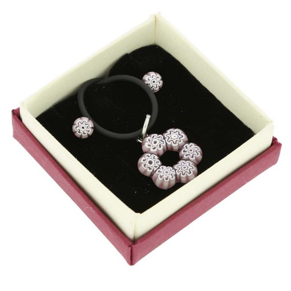 Murano Glass Millefiori Necklace and Earrings Set - Purple