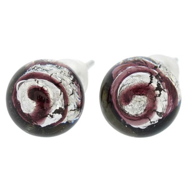 Murano Ball Stud Earrings - Purple Swirl