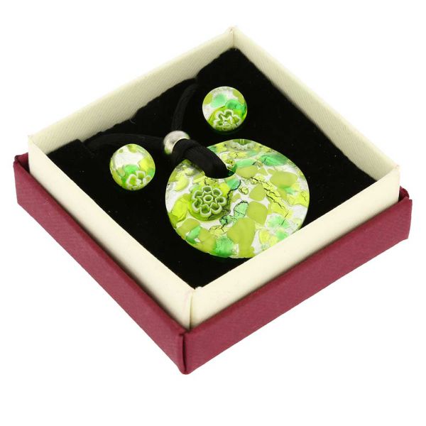 Venetian Reflections Round Necklace and Earrings Set - Green Silver