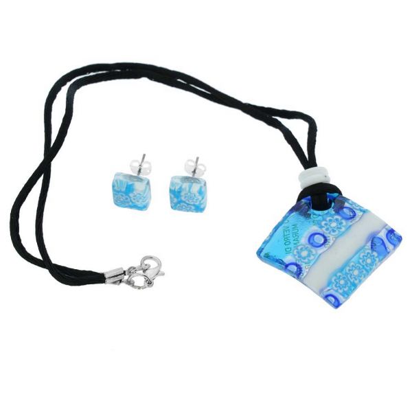 Murano Glass Millefiori Necklace and Earrings Set - White and Blue
