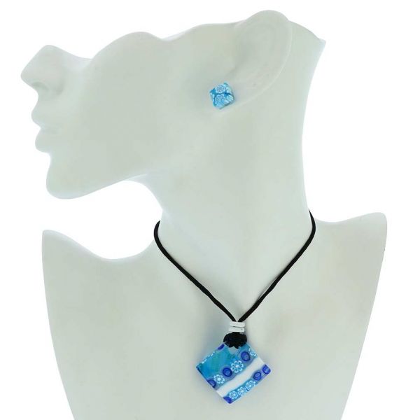 Murano Glass Millefiori Necklace and Earrings Set - White and Blue