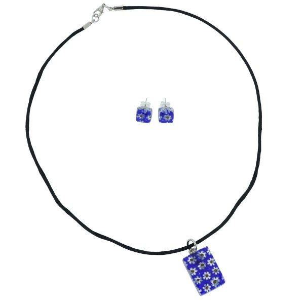 Murano Glass Millefiori Necklace and Earrings Set - Navy Blue