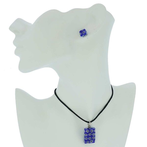Murano Glass Millefiori Necklace and Earrings Set - Navy Blue