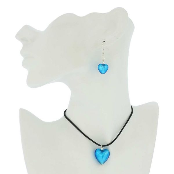 Venetian Reflections Puffed Heart Necklace and Earrings Set - Light Blue