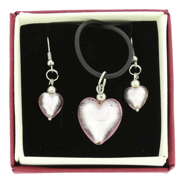 Venetian Reflections Puffed Heart Necklace and Earrings Set - Light Pink