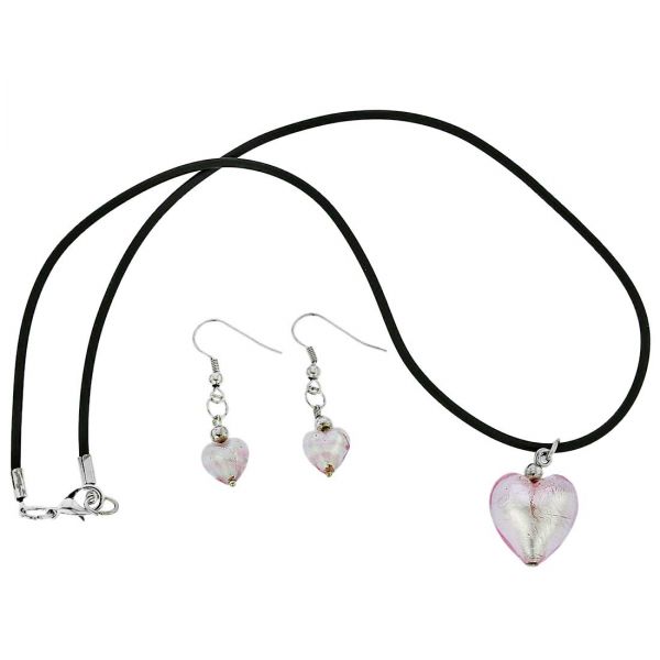 Venetian Reflections Puffed Heart Necklace and Earrings Set - Light Pink