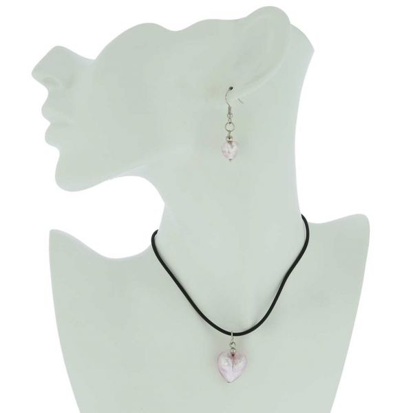 Venetian Reflections Puffed Heart Necklace and Earrings Set - Light Pink