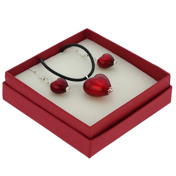 Venetian Reflections Puffed Heart Necklace and Earrings Set - Red