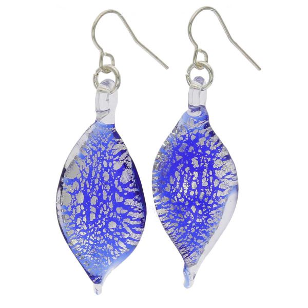 Silver Rain Murano Leaf Earrings - Blue