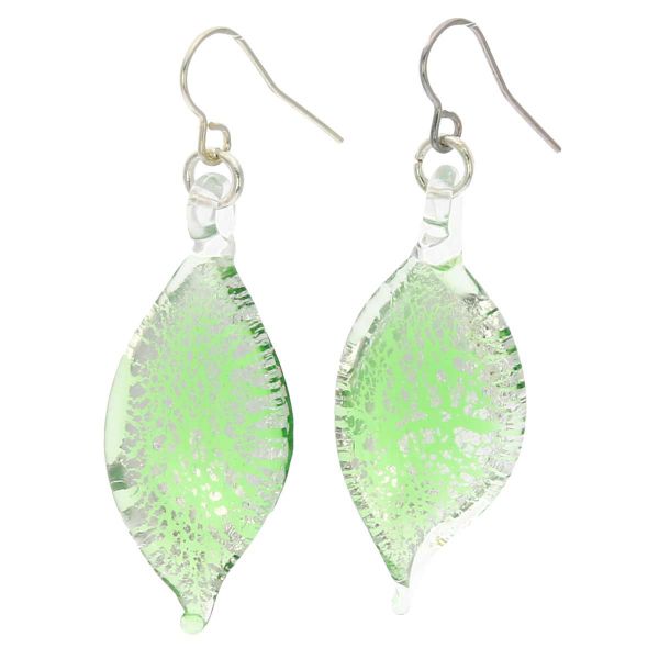 Silver Rain Murano Leaf Earrings - Green