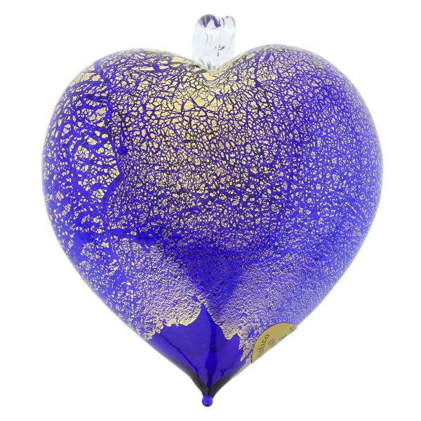 Murano Glass Heart Christmas Ornament - Blue Gold