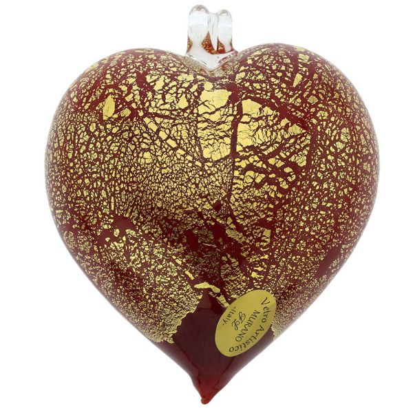 Murano Glass Heart Christmas Ornament - Red Gold
