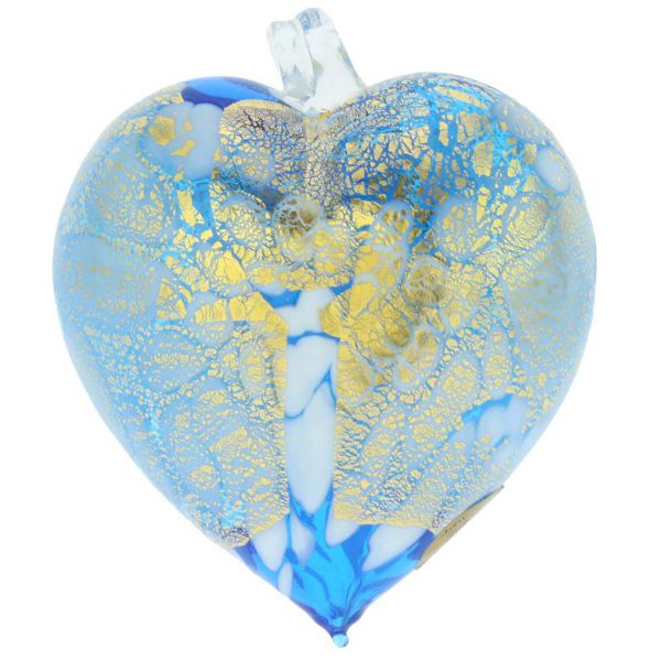Murano Glass Spotted Heart Christmas Ornament - Aqua Gold