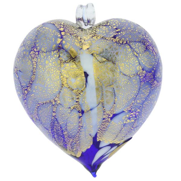 Murano Glass Spotted Heart Christmas Ornament - Blue Gold