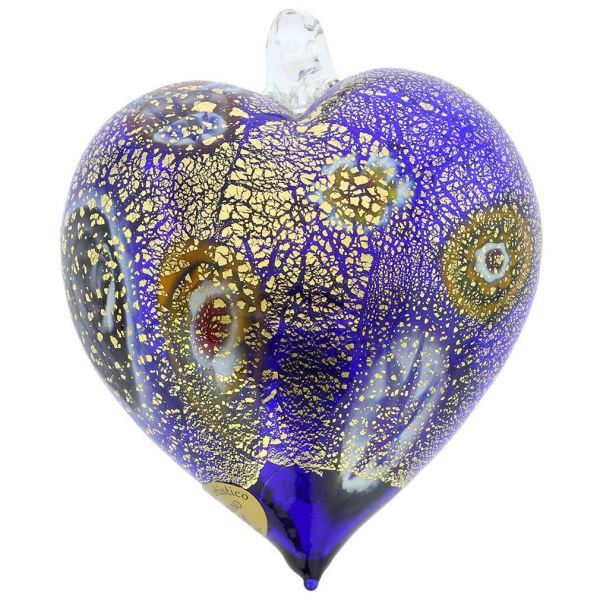 Murano Glass Heart Millefiori Christmas Ornament - Blue Gold