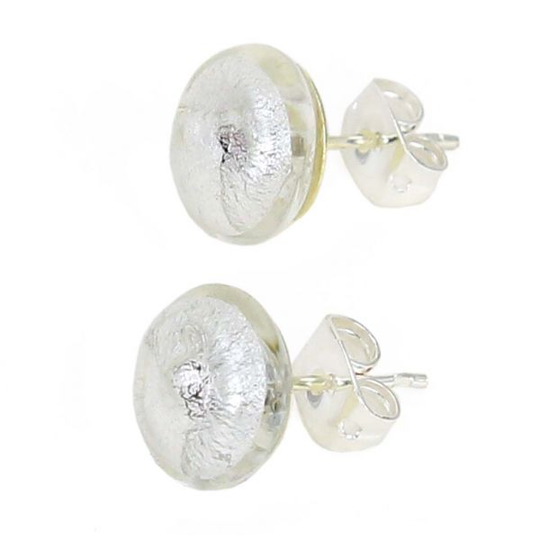 Murano Button Stud Earrings - Silver White