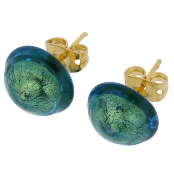 Murano Button Stud Earrings - Aqua Gold