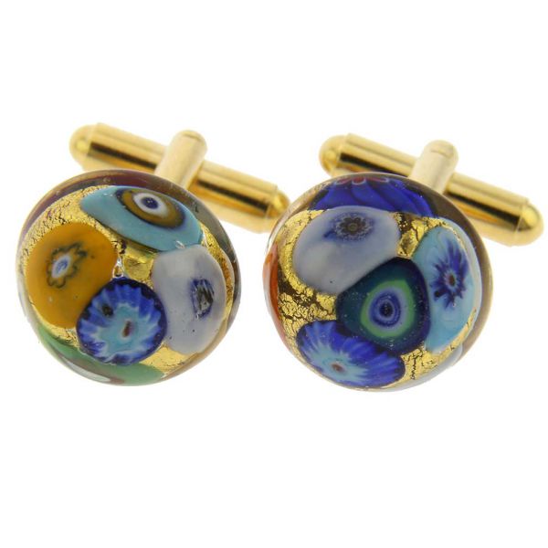 Murano Cufflinks | Murano Millefiori Round Cufflinks - Gold Multicolor