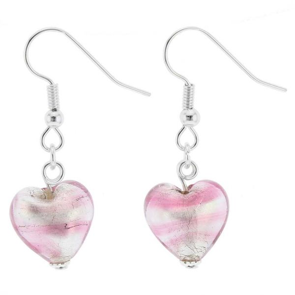 Murano Heart Earrings - Striped Silver Pink