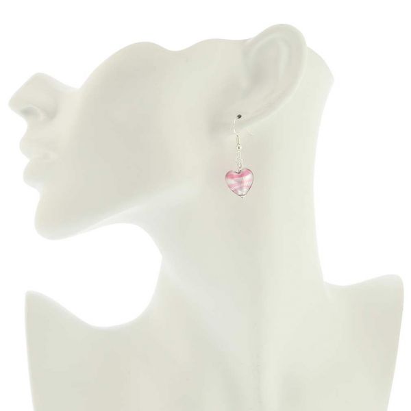 Murano Heart Earrings - Striped Silver Pink