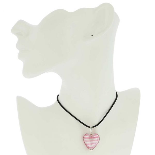 Murano Heart Pendant - Striped Silver Pink
