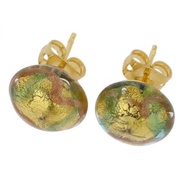 Murano Button Stud Earrings - Gold and Aqua