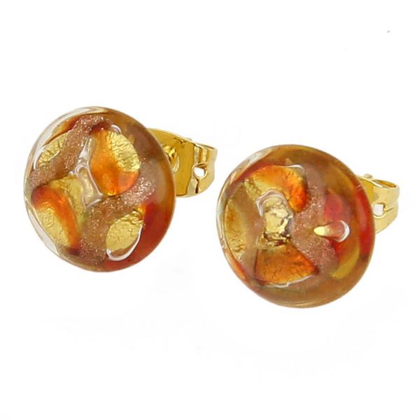 Murano Button Stud Earrings - Gold and Red