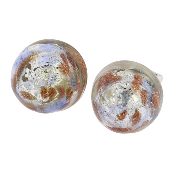 Murano Button Stud Earrings - Silver Ice Confetti