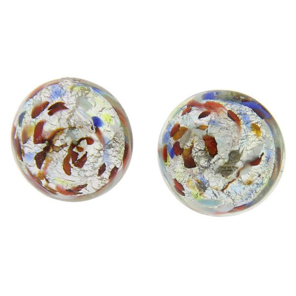 Murano Button Stud Earrings - Silver Multicolor Confetti
