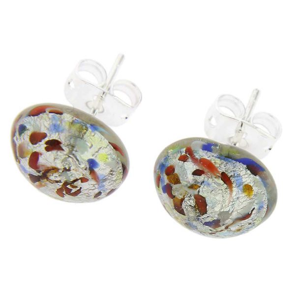 Murano Button Stud Earrings - Silver Multicolor Confetti