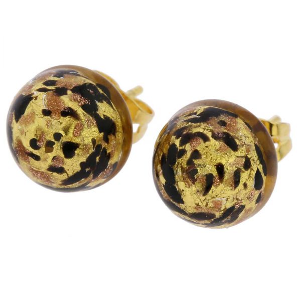 Murano Button Stud Earrings - Black Gold Confetti